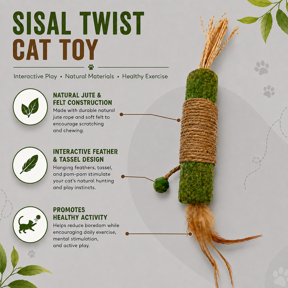Dokitti Sisal Kicker Cat Toy with Feathers & Wool Ball