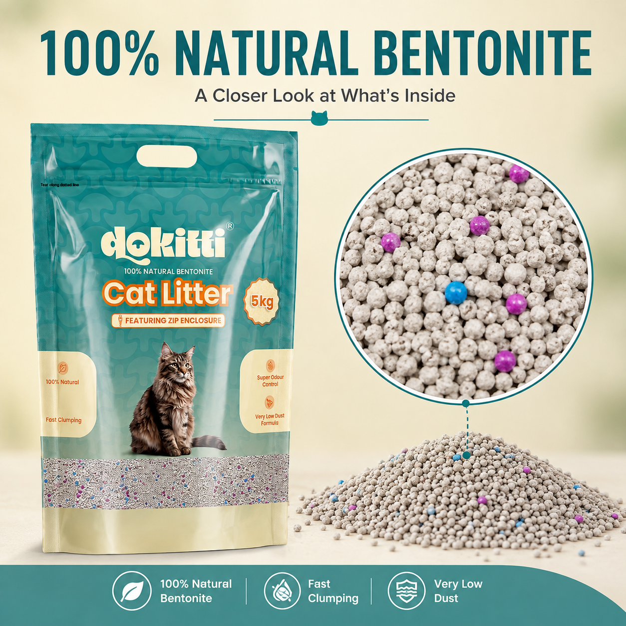 Dokitti Bentonite Clumping Cat Litter, Low Dust 5kg