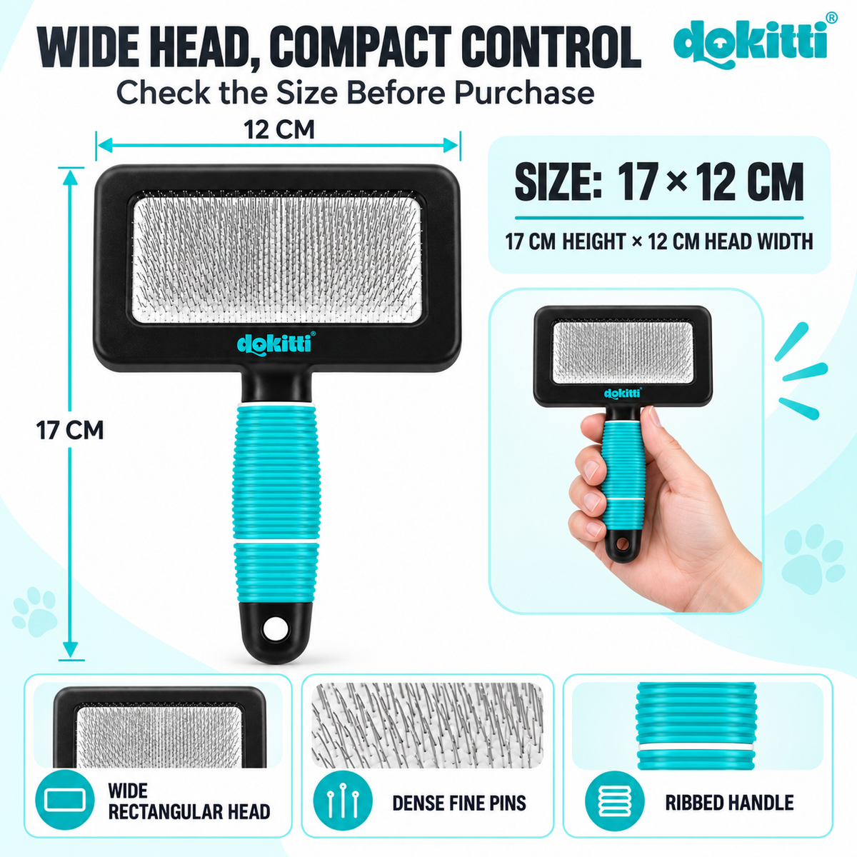 Dokitti Slicker Brush for Dogs and Cats, Wide 12 cm Head with Dense Fine Pins, Anti Slip Ribbed Handle, Removes Loose Fur and Tangles from Long Short Coats