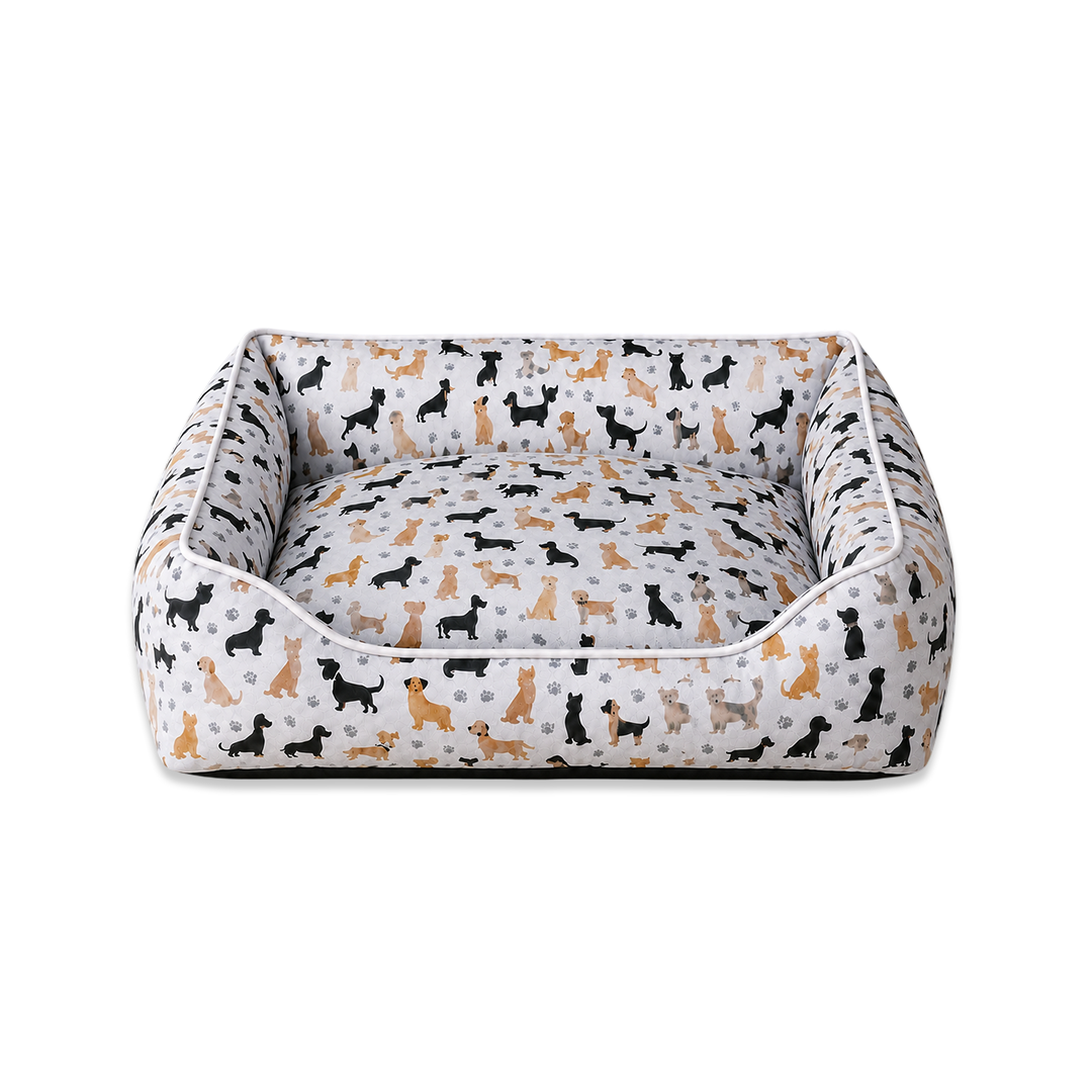 Dog Print Lounger Bed | Cosy Enclosed Pet Bed | 3 Sizes