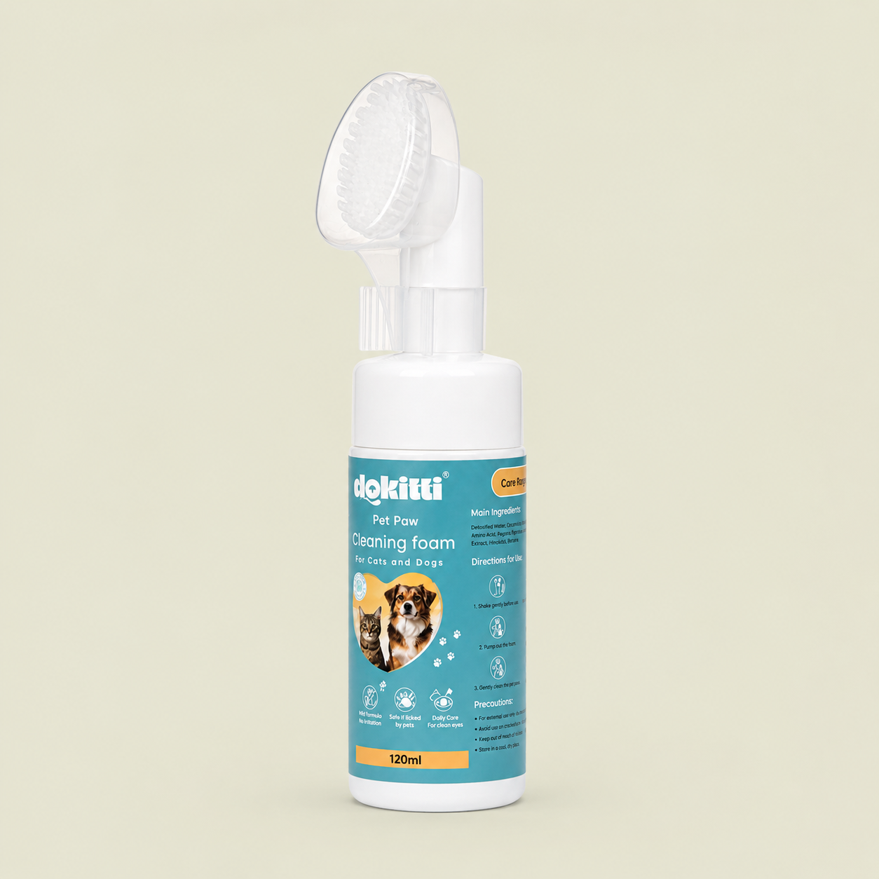 Dokitti Paw Cleaning Foam for Dogs & Cats – No-Rinse, Silicone Brush, 120ml