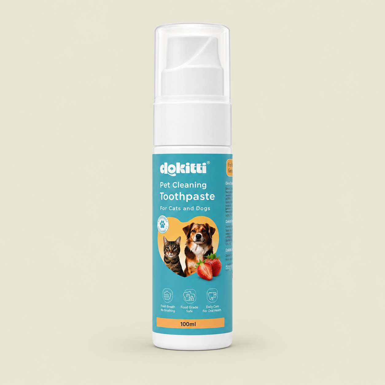 Dokitti Pet Toothpaste for Dogs & Cats – Strawberry No-Brush Dental Care, 100ml