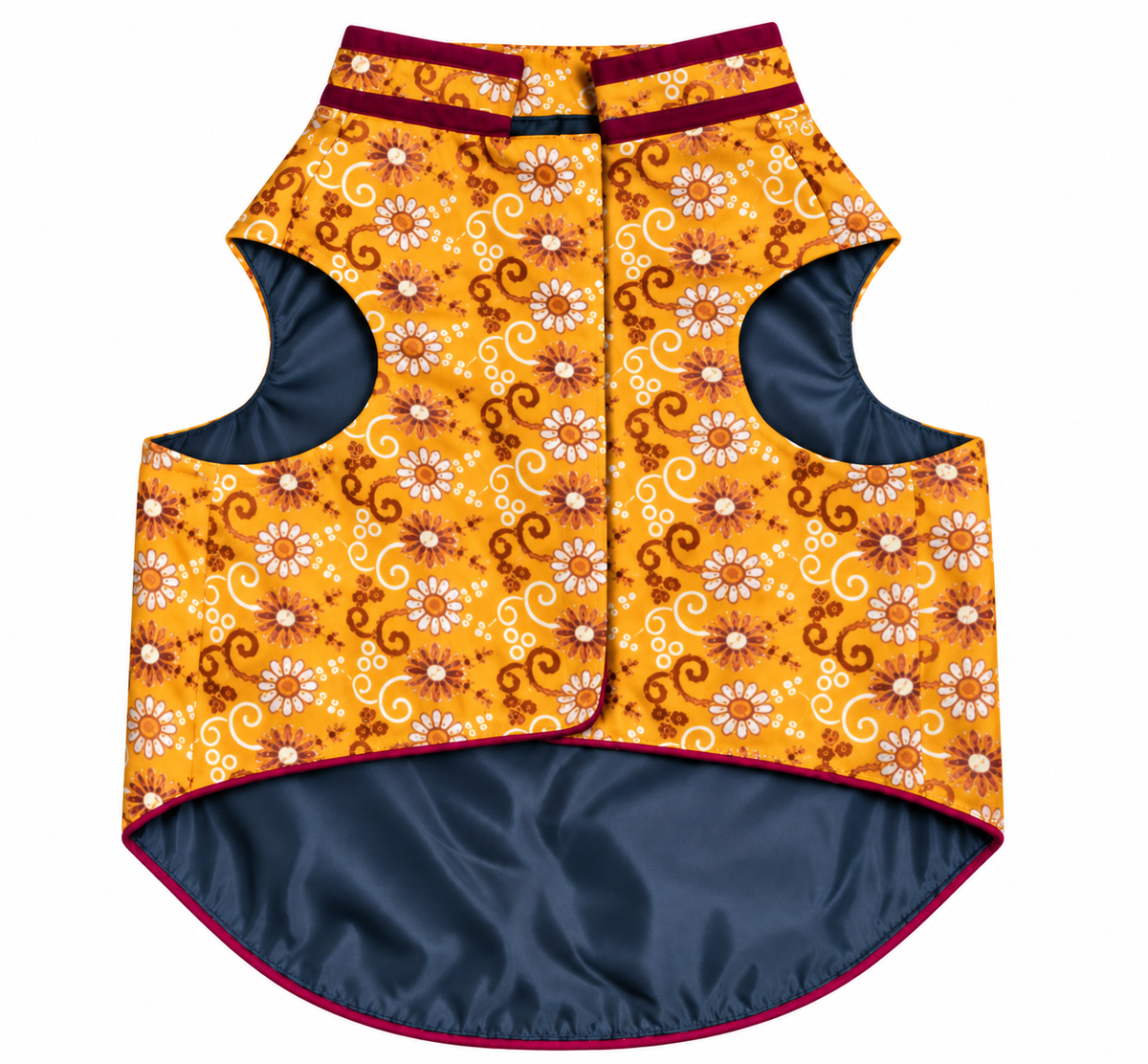 Dog Kurta Ethnic Wear, Floral Print Mustard Yellow with Maroon Trim, Traditional Indian Pet Clothes for Small Medium Dogs, Festive Puppy Outfit Easy Closure