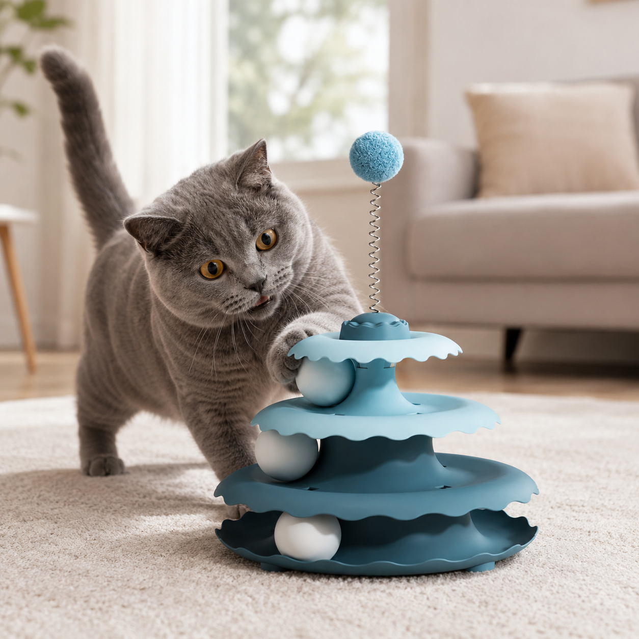 Cat Roller Tower Toy – 3-Tier Track Balls with Spring Teaser, Interactive