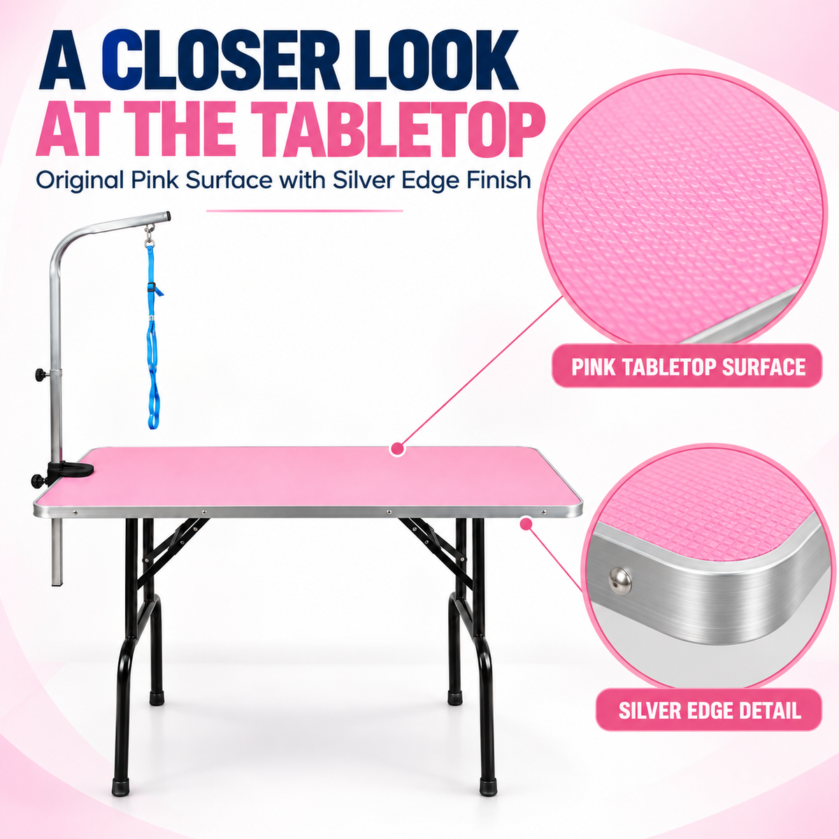 Foldable Pet Grooming Table with Adjustable Arm and Noose, Non-Slip Pink Textured Top, Portable Dog & Cat Grooming Station for Home, Salon and Travel Use