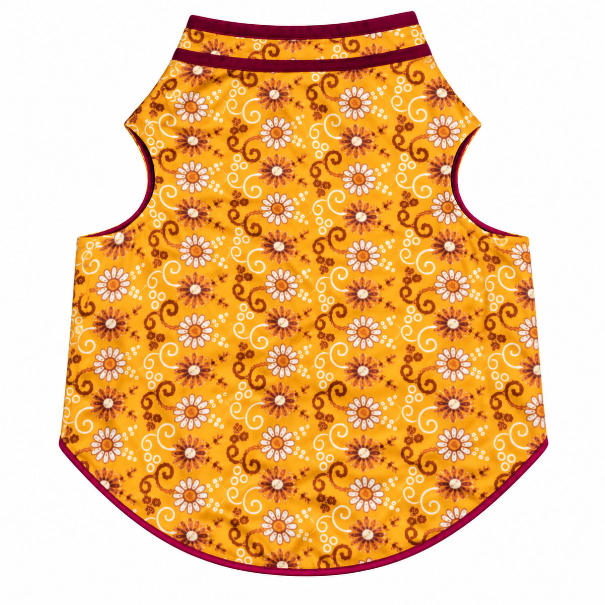 Dog Kurta Ethnic Wear, Floral Print Mustard Yellow with Maroon Trim, Traditional Indian Pet Clothes for Small Medium Dogs, Festive Puppy Outfit Easy Closure