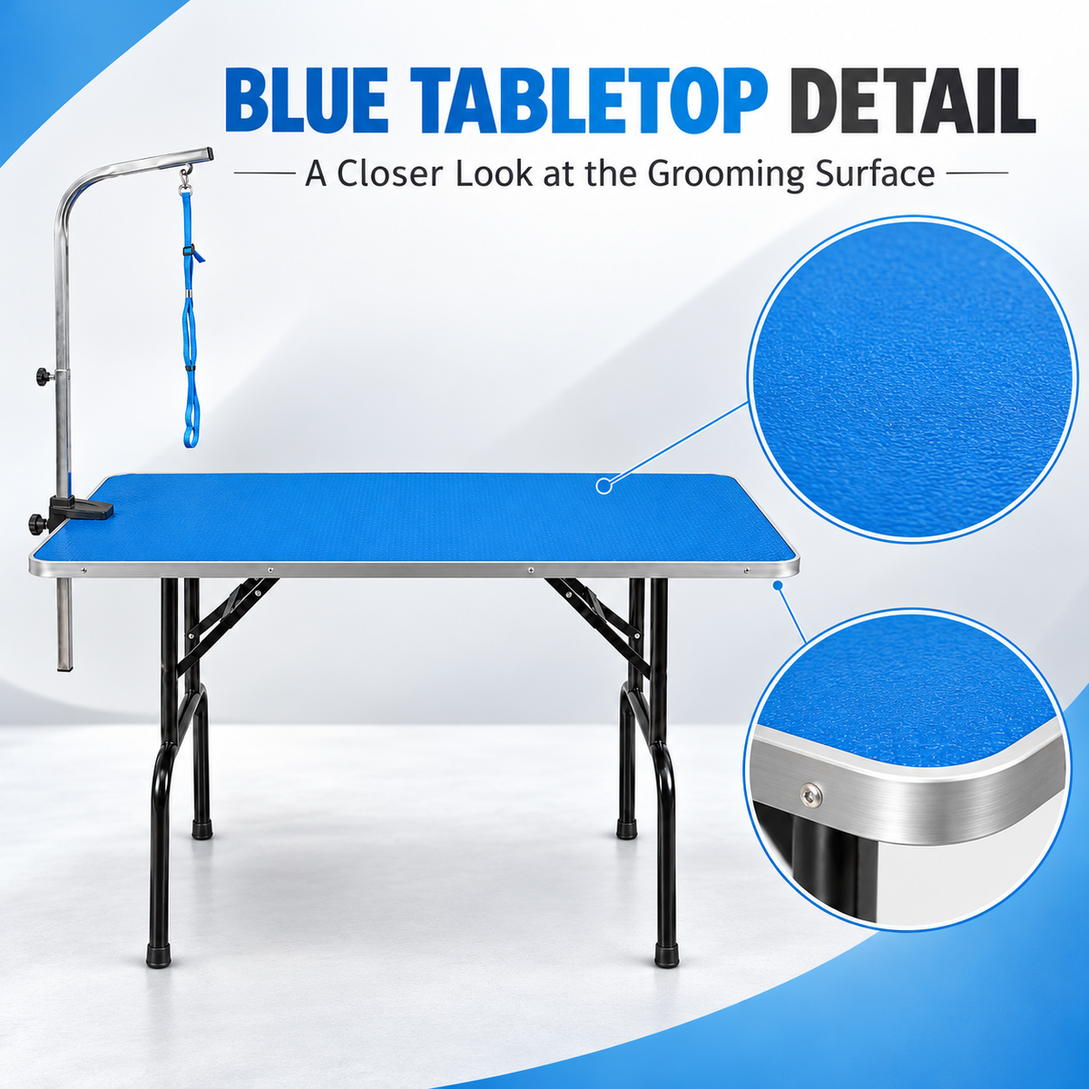 Foldable Pet Grooming Table with Adjustable Arm and Noose, Non-Slip Blue Rubber Top, Portable Dog & Cat Grooming Station for Home, Salon and Travel Use