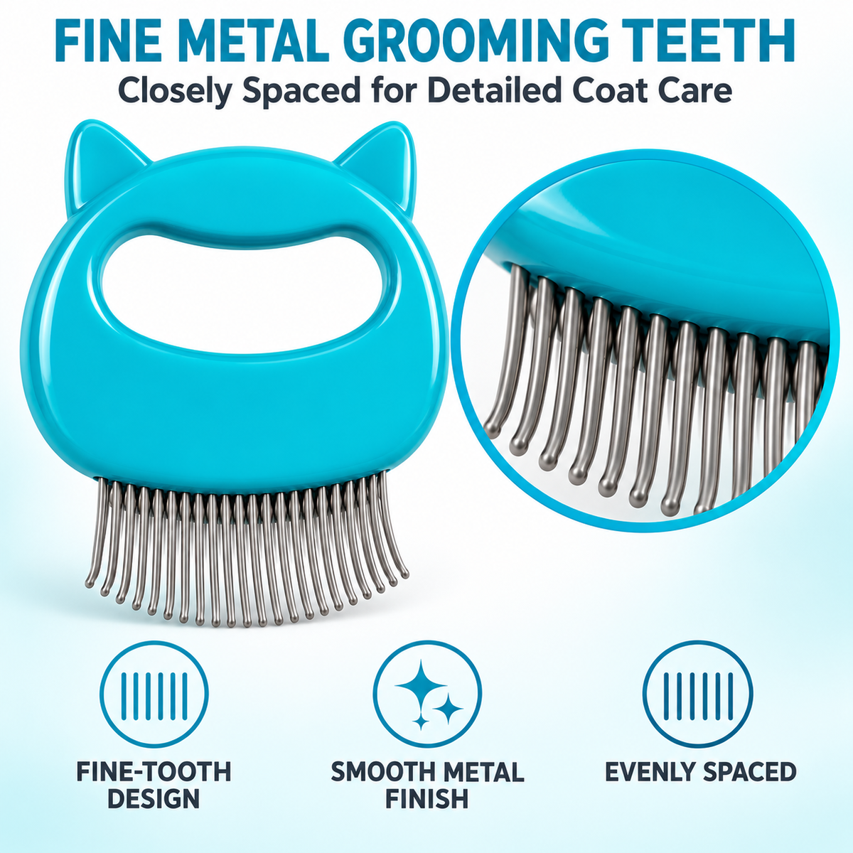 Dokitti Cat Shaped Shedding Comb for Cats and Dogs, Rounded Stainless Steel Teeth with Palm Grip Handle, Removes Loose Fur, Debris and Minor Tangles