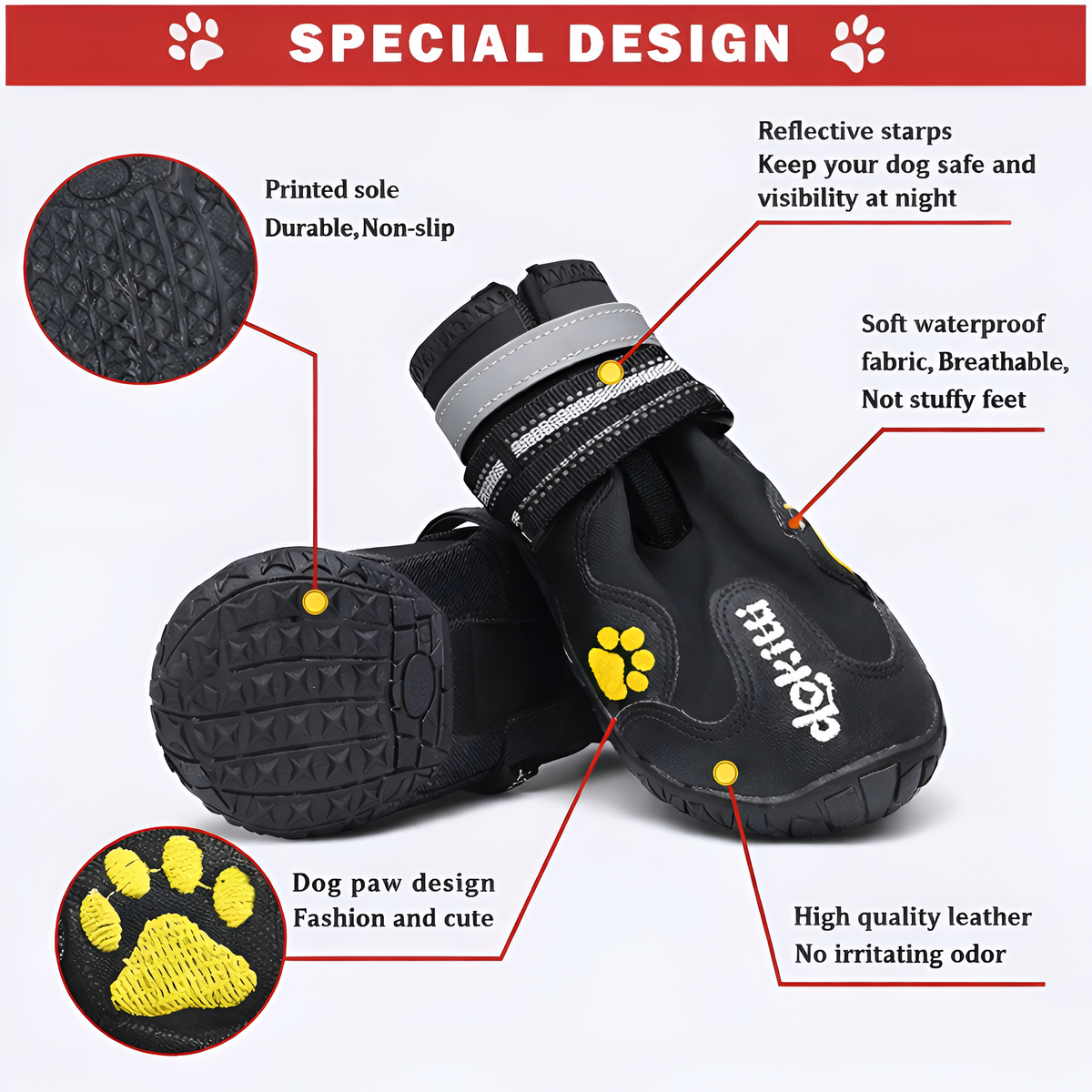Anti-Slip Dog Shoes – Waterproof Paw Protector Boots, Reflective Black (Set of 4)
