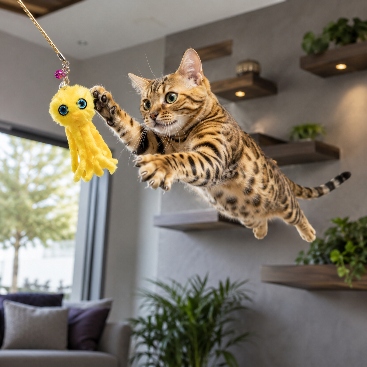 CAT TEASING STICK- OCTOPUS YELLOW