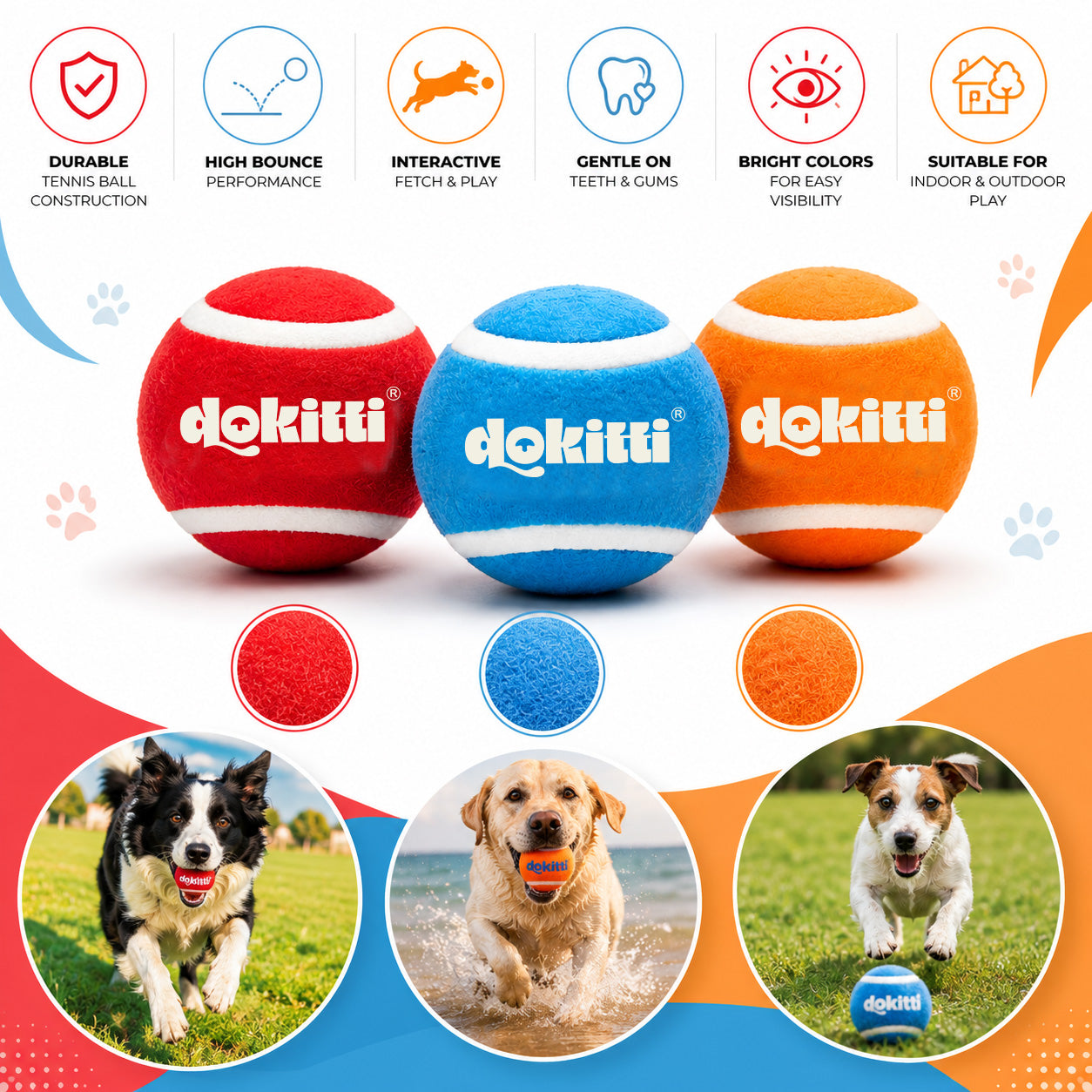 Dokitti Pet Play Ball with Squeaker for Dogs (Set of 3)