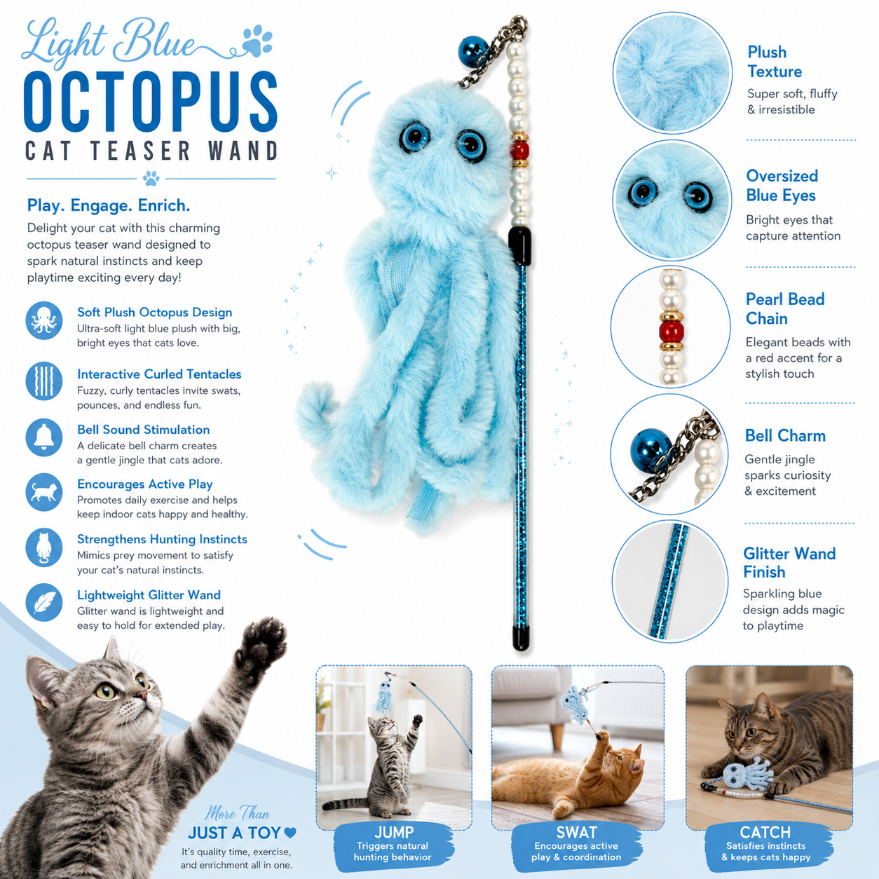 CAT TEASING STICK- OCTOPUS LIGHT BLUE