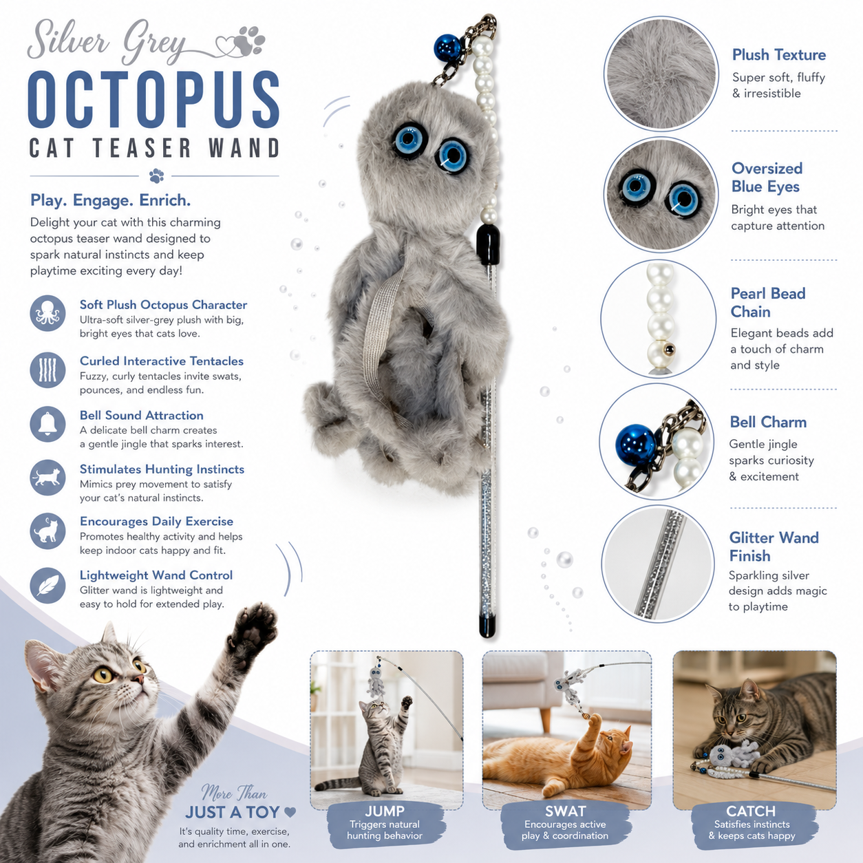 CAT TEASING STICK- OCTOPUS GREY