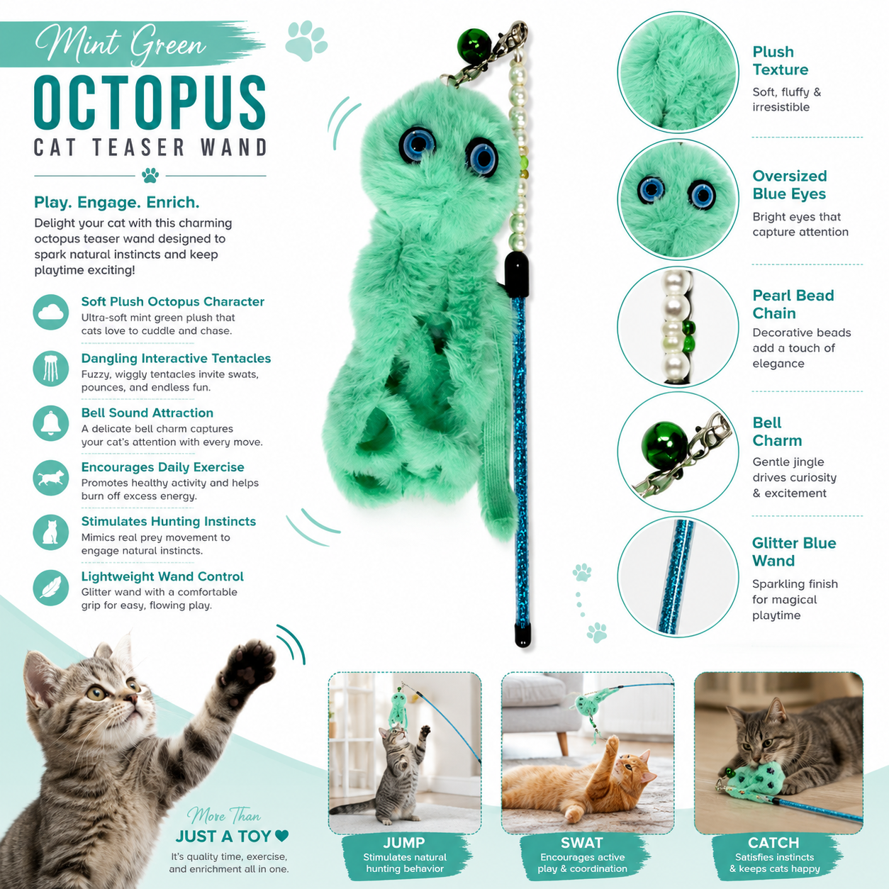 CAT TEASING STICK- OCTOPUS MINT GREEN