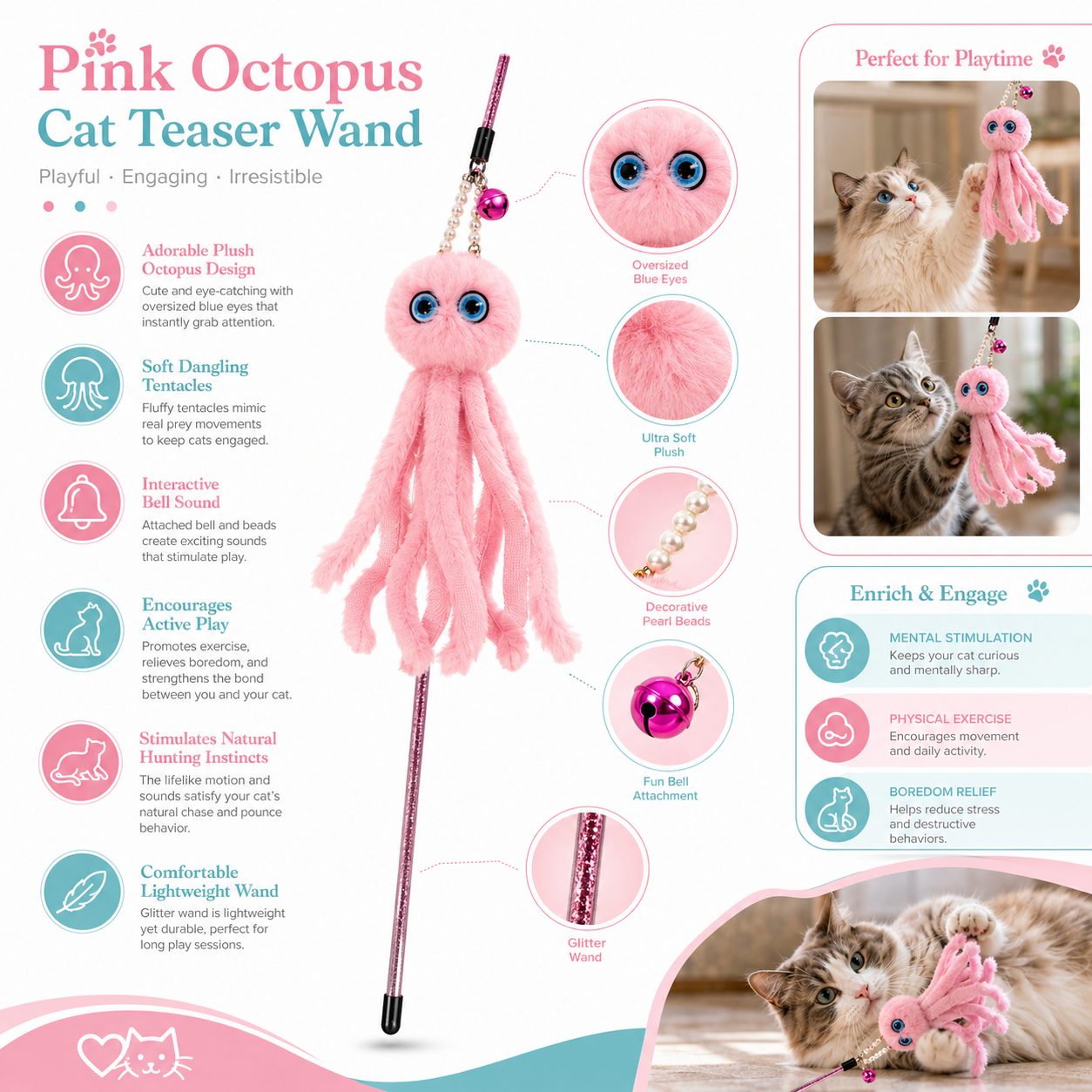 CAT TEASING STICK- OCTOPUS LIGHT PINK