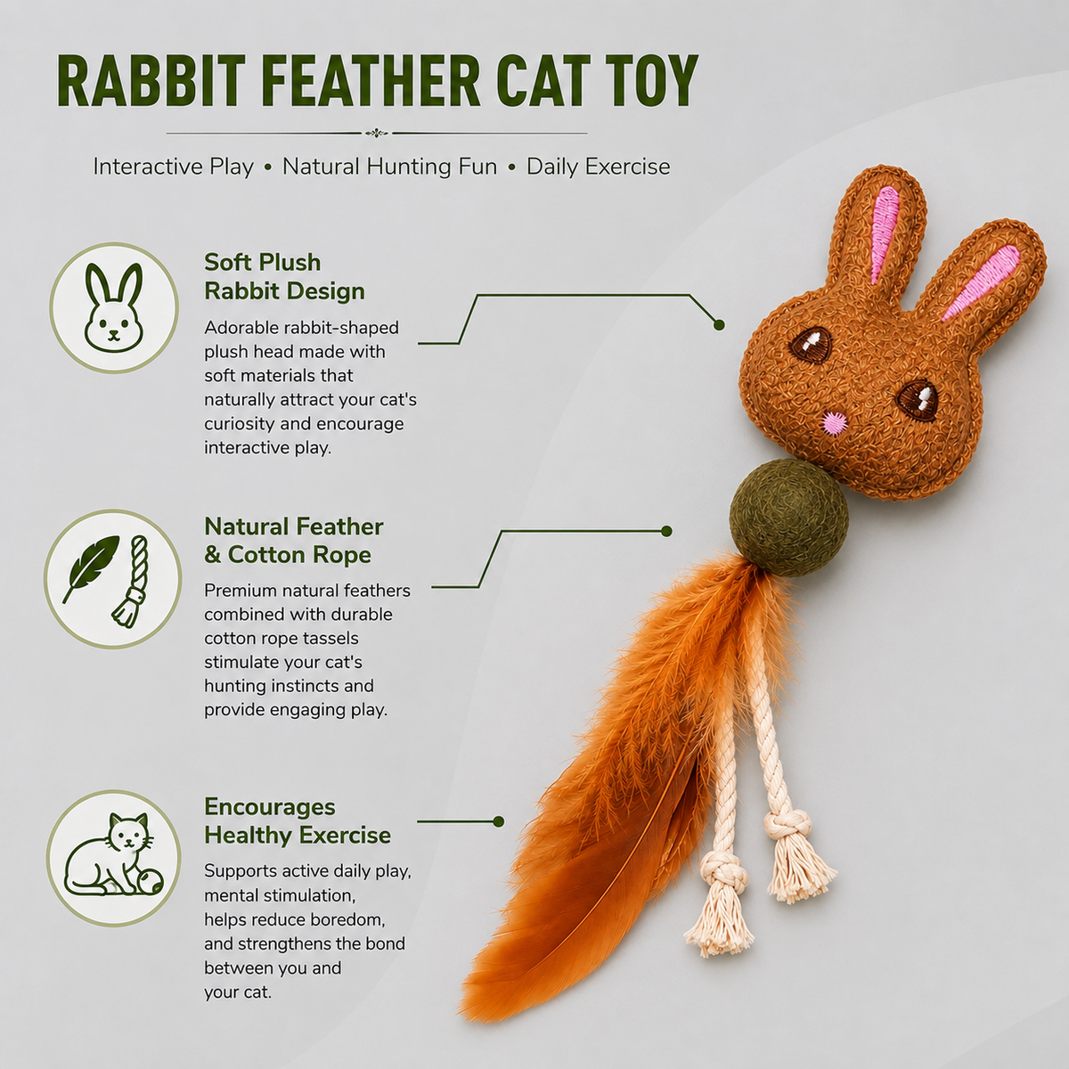 Dokitti Bunny Cat Teaser Toy with Catnip Ball, Feathers & Rope Tails