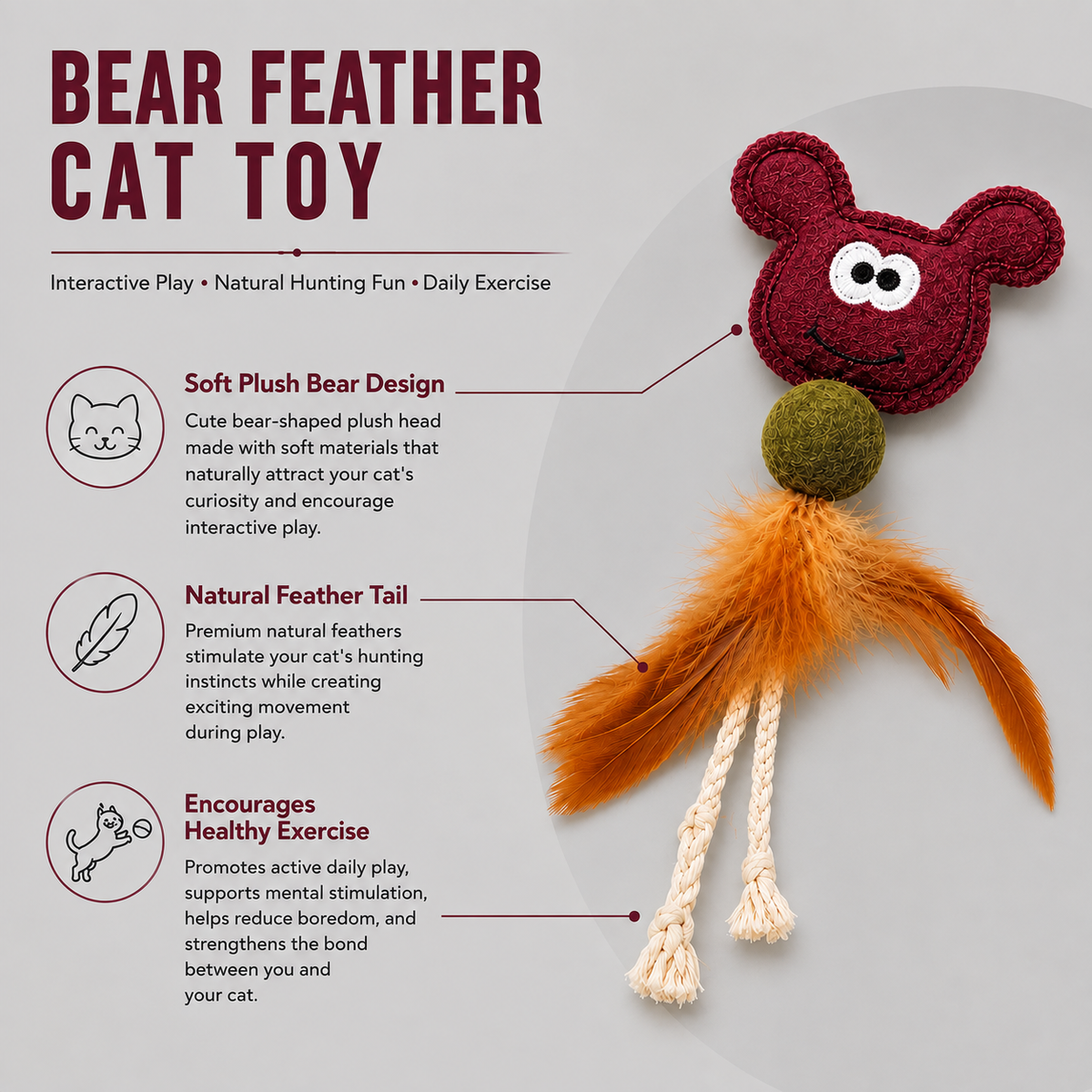Dokitti Mouse Feather Cat Toy with Wool Ball & Rope Tails