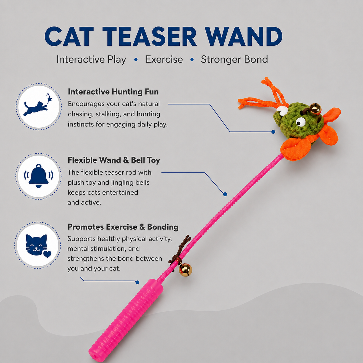 Dokitti Interactive Cat Teaser Wand Toy with Bell & Plush Mouse – Flexible Wand for Indoor Cats, Encourages Hunting, Exercise, Mental Stimulation & Stronger Bonding