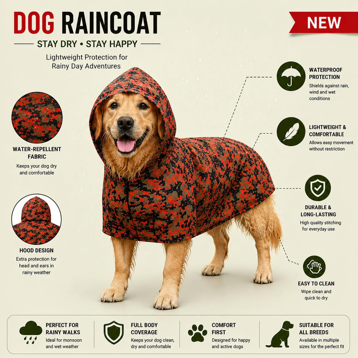 Dokitti Trailcamo Hooded Dog Raincoat, Waterproof Coat,