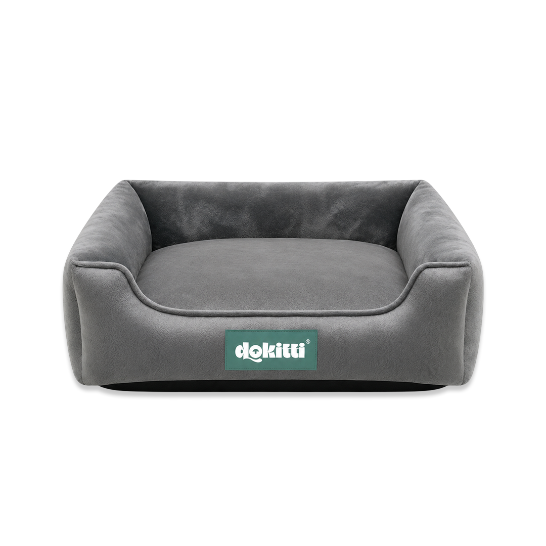 Grey Luxe Lounger Dog Bed | Velvet Bolster Pet Bed | M, L & XXL