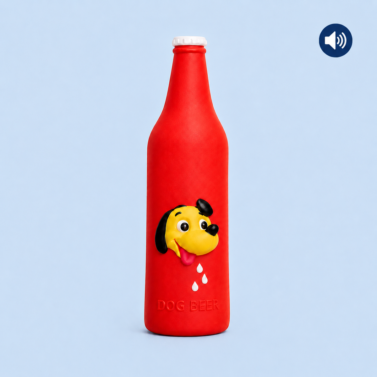 Red bottle with a dog emoji design on a light blue background