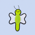 A green caterpillar-shaped baby rattle with textured green and white segments, black antennae, and white wings outlined in black, shown on a light blue background.