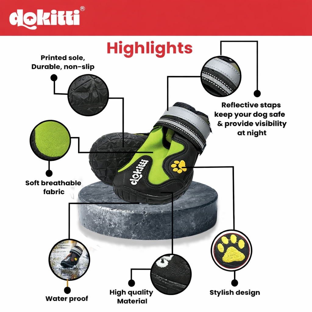 Anti-Slip Dog Shoes – Waterproof Paw Protector Boots, Reflective Green (Set of 4)