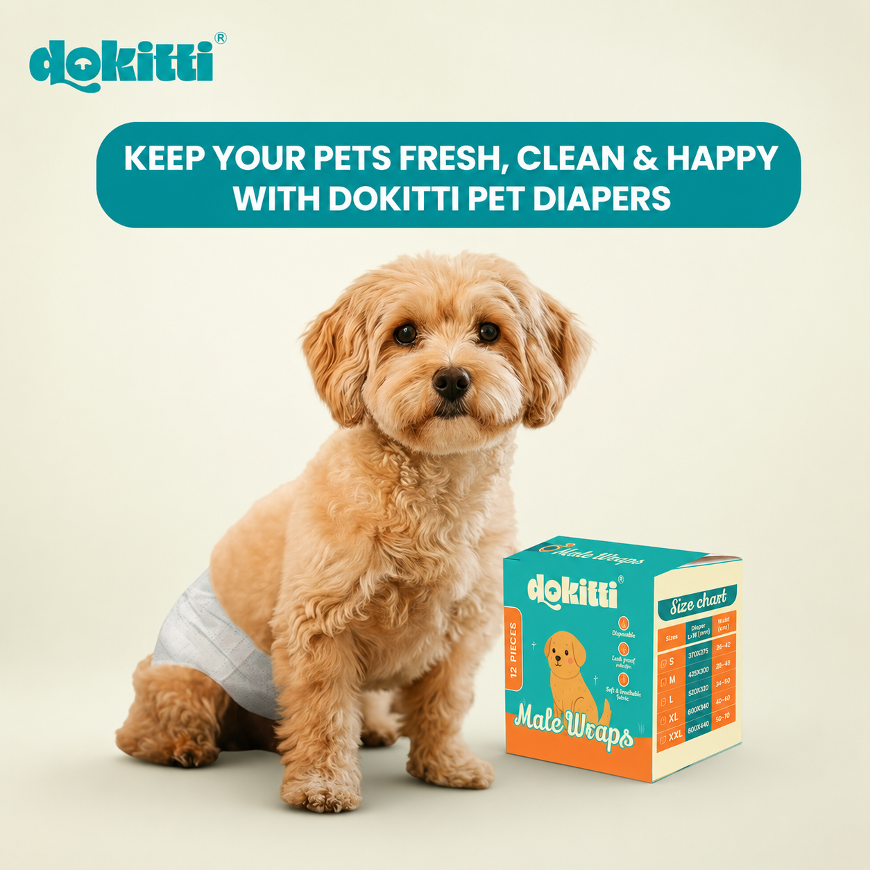Dokitti Male Dog Wraps – Leak-Proof Disposable (12pcs Pack)