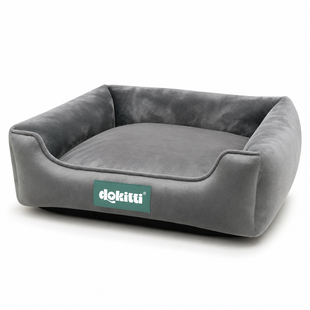 Grey Luxe Lounger Dog Bed | Velvet Bolster Pet Bed | M, L & XXL