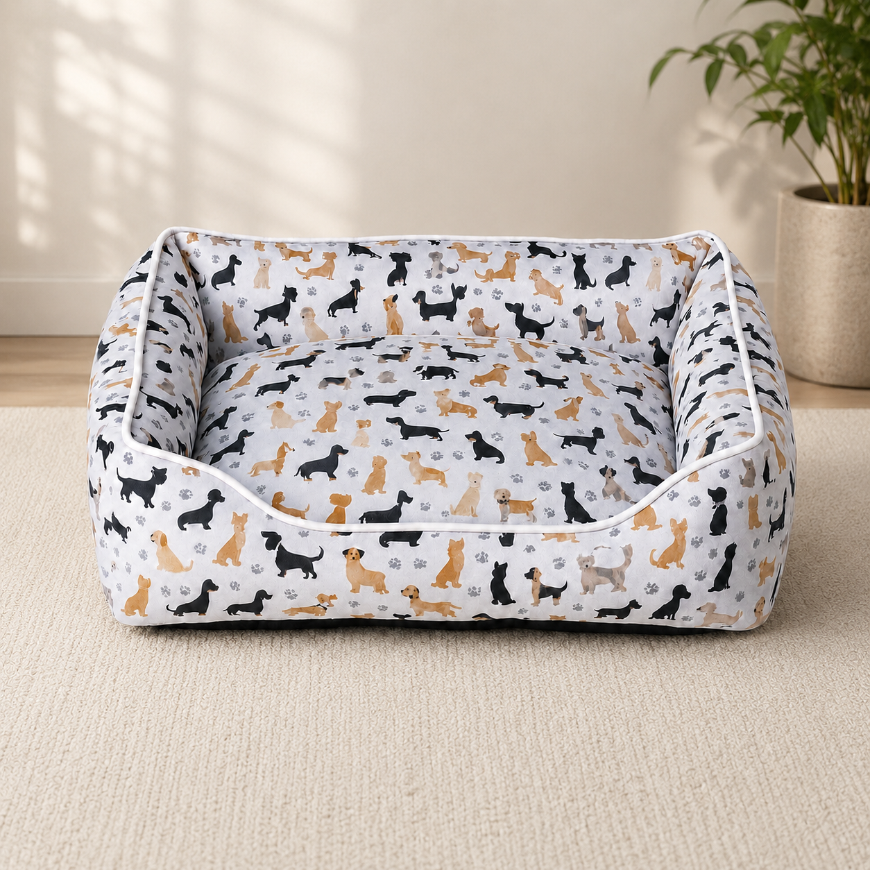 Dog Print Lounger Bed | Cosy Enclosed Pet Bed | 3 Sizes