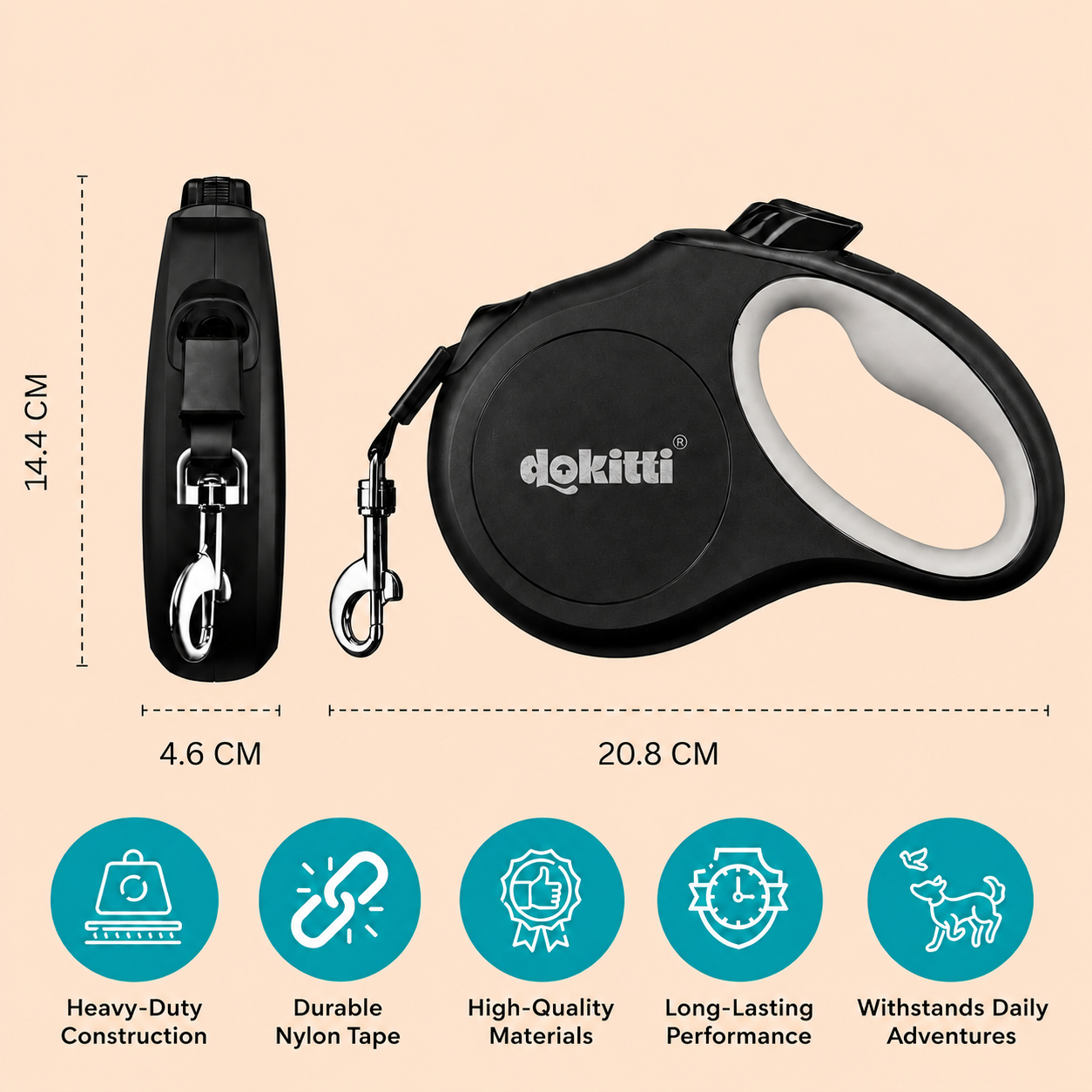 Dokitti Retractable Dog Leash – 5m Tape, One-Button Brake, Anti-Slip Handle