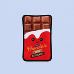 A plush chocolate bar toy or decorative pillow featuring a smiling red wrapper with the text 'My Chocolate with Bittersweet' and brown chocolate-bar graphics on a light blue background.