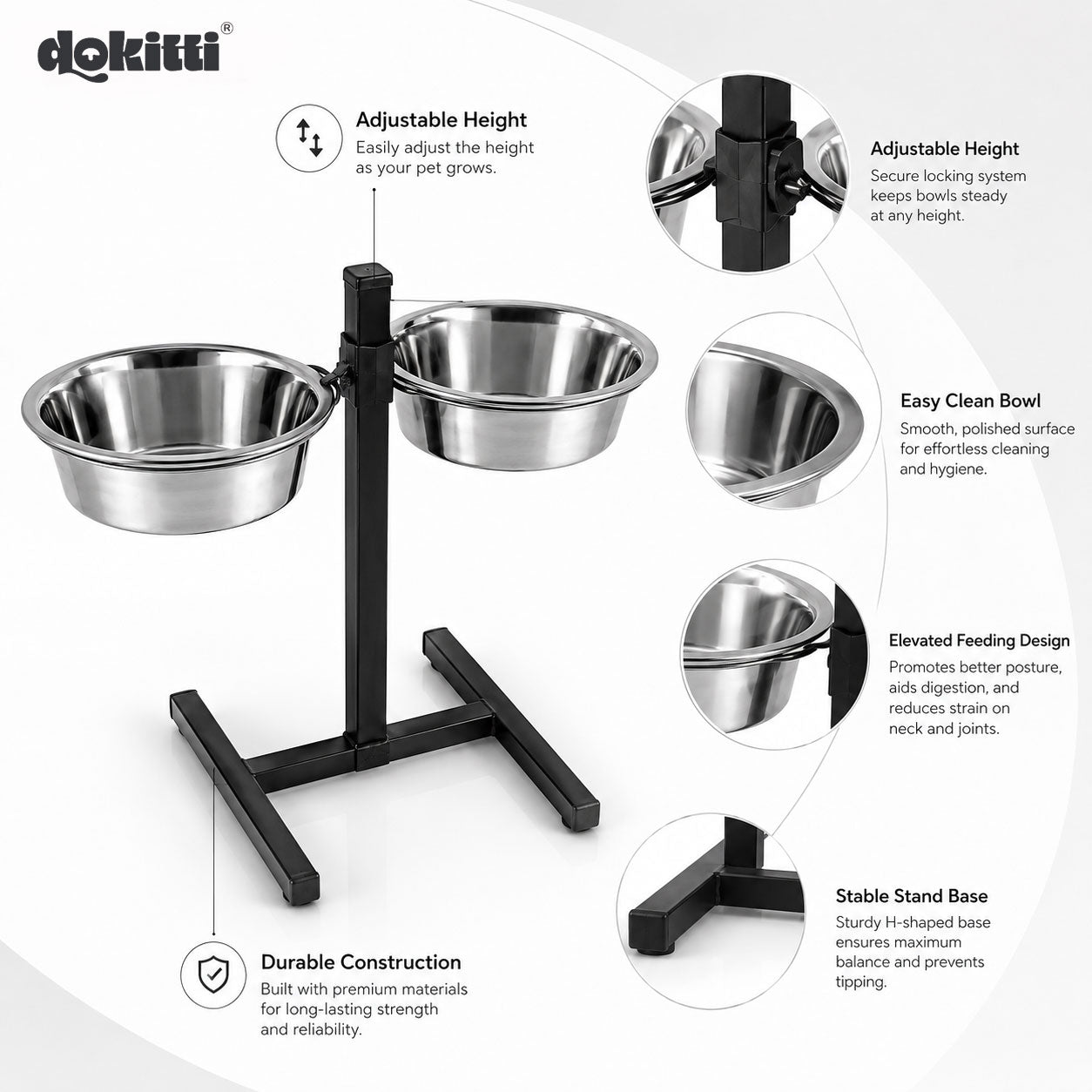 Dokitti Adjustable H-Stand Dog Bowl Set