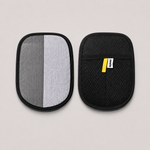 Two car seat protectors, one with a textured gray surface and the other with a black mesh design, on a light gray background.