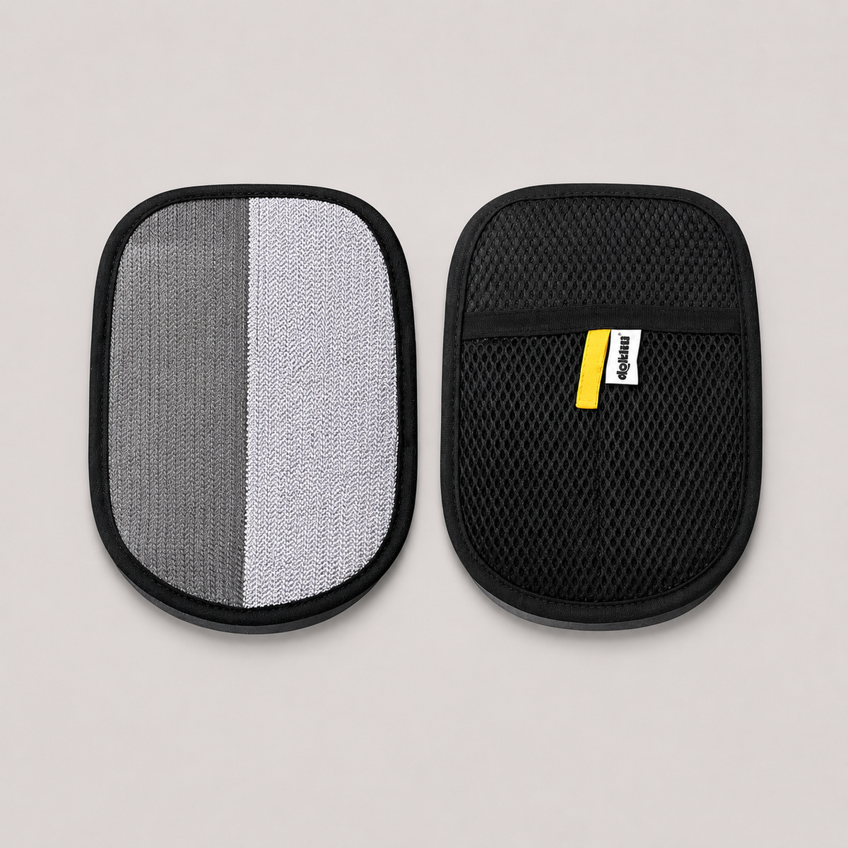 Two car seat protectors, one with a textured gray surface and the other with a black mesh design, on a light gray background.