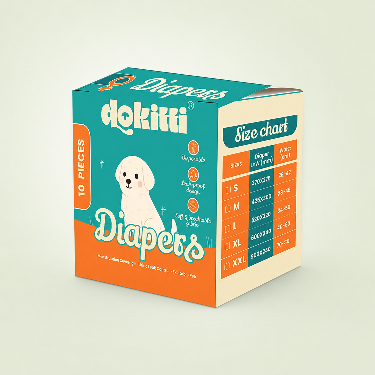 Box of dokitti dog diapers with a size chart on a light beige background