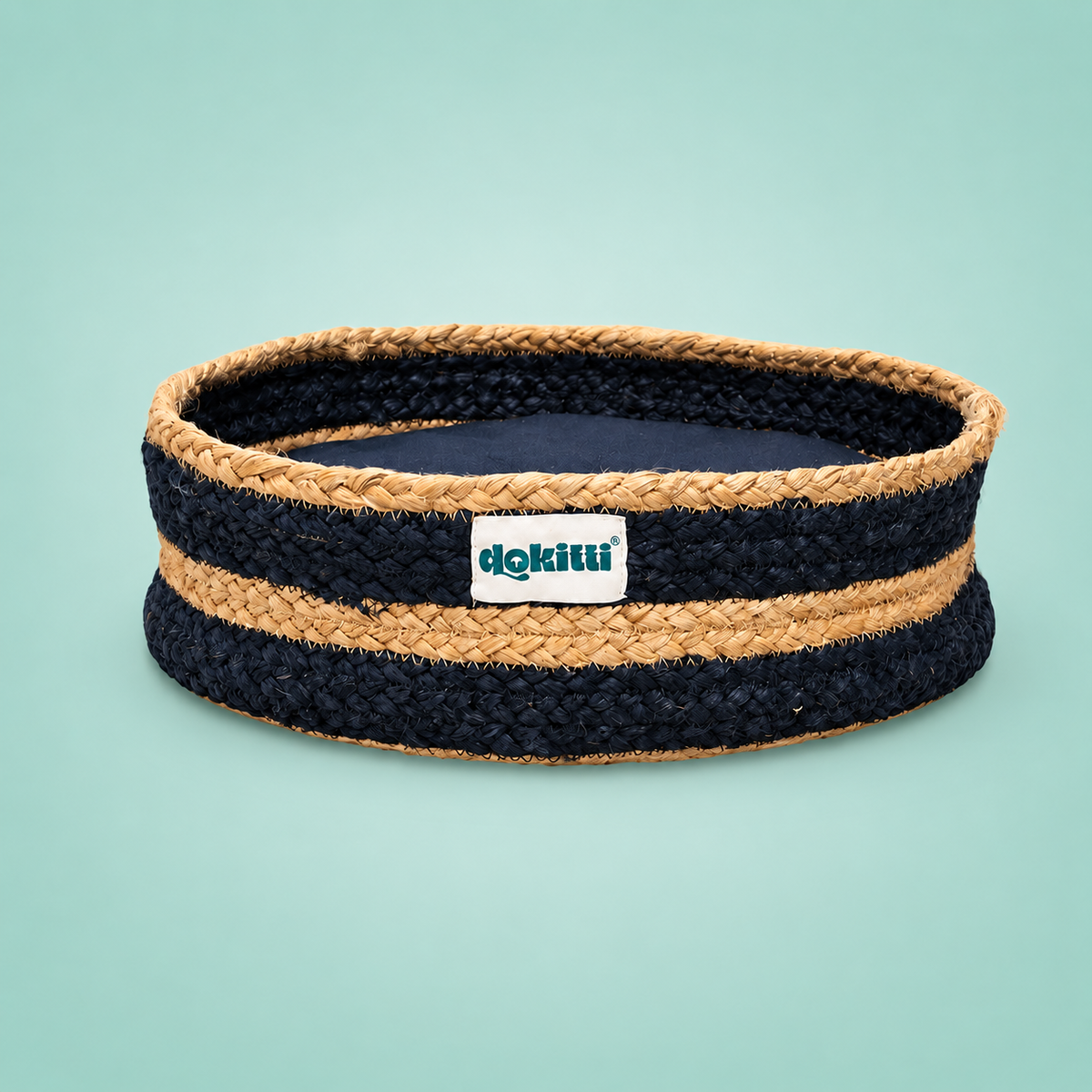 Navy and beige striped dog collar with a visible brand logo on a light blue background
