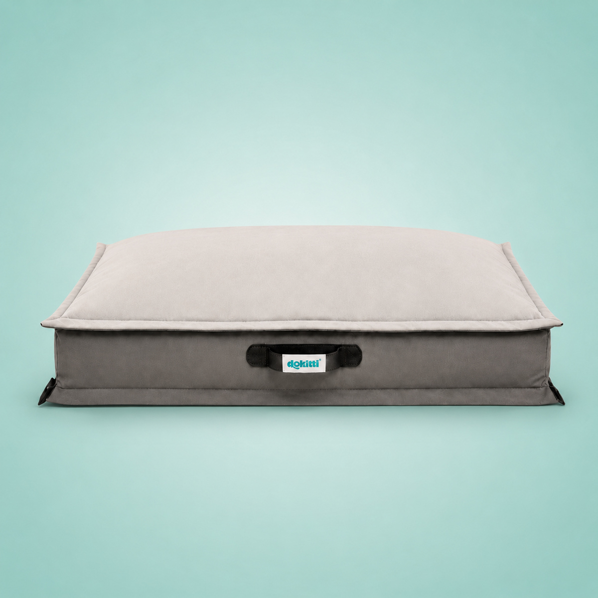 Dog bed with a brand label on a light blue background