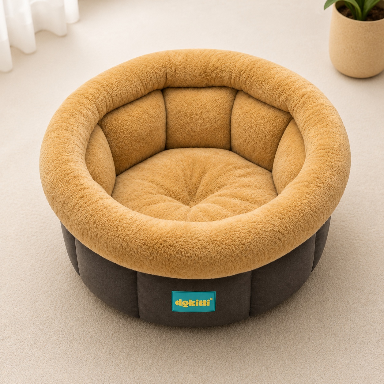 Dokitti Cuddle Cup Calming Pet Bed- Golden Beige