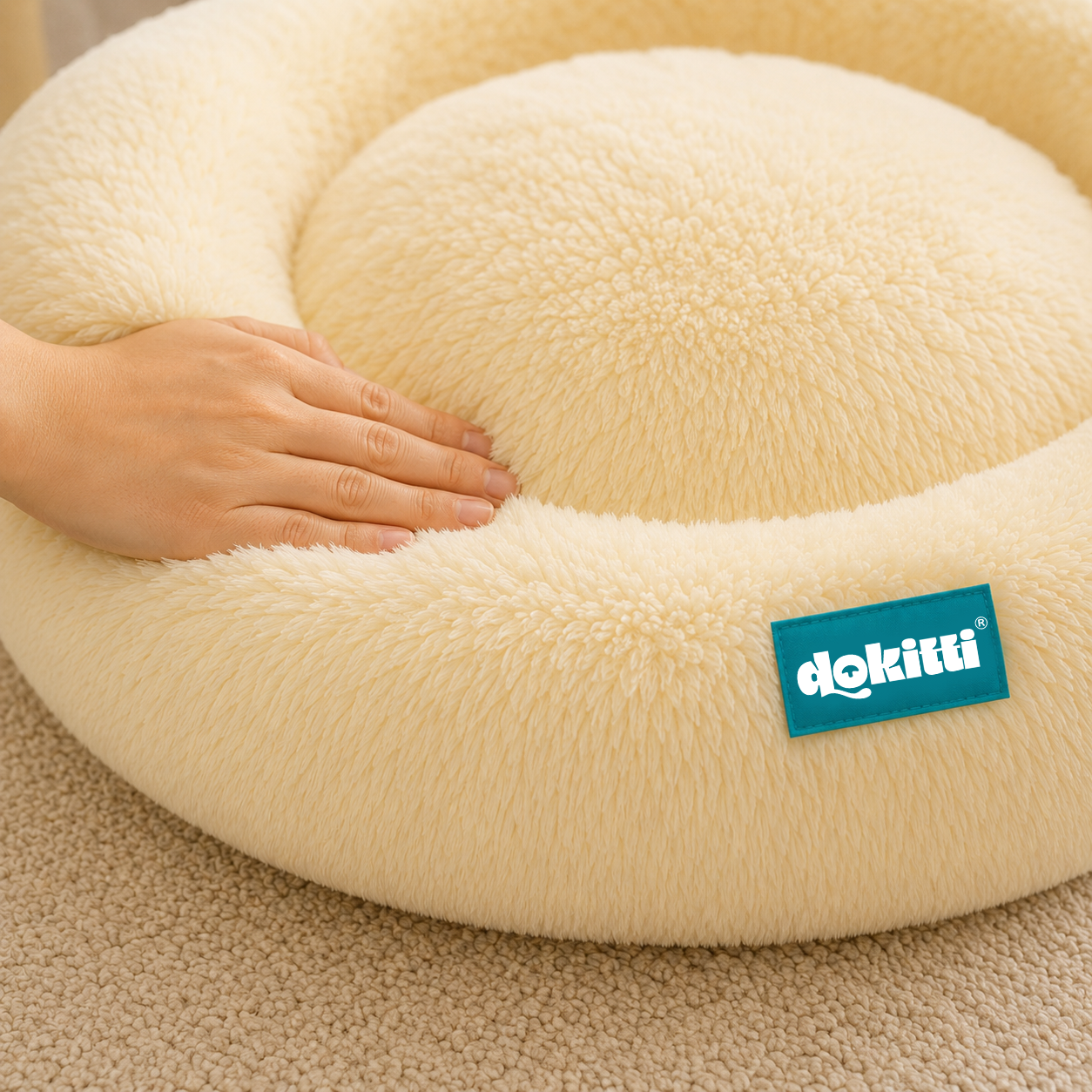 Dokitti White Fur Calming Donut Dog Bed